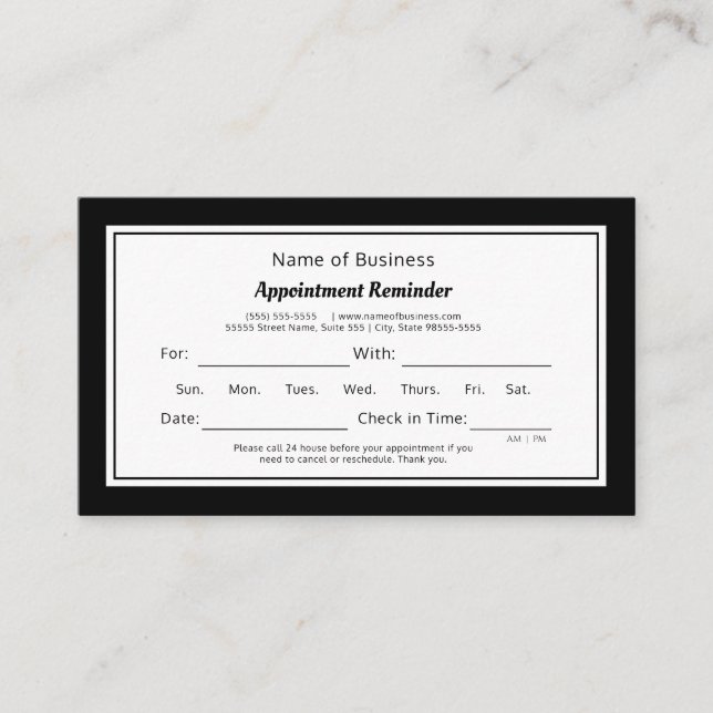 Modern Black and White Plain Appointment Reminder Card (Front)