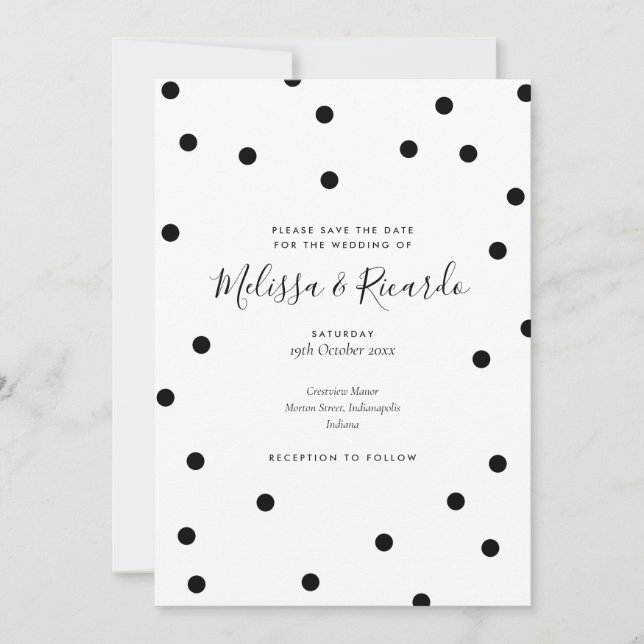 Modern Black and White Polka Dots Save the Date Invitation (Front)