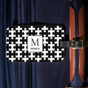 Modern Black And White Puzzle Pieces Monogram Luggage Tag