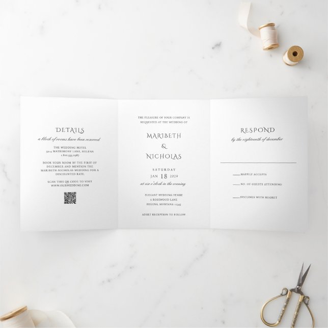 Modern Black and White QR Code Classy Wedding Tri-Fold Invitation (Inside)