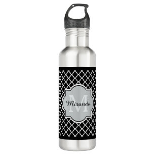 Modern Black and White Quatrefoil Monogrammed Name 710 Ml Water Bottle
