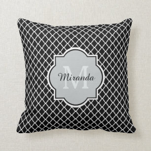 Modern Black and White Quatrefoil Monogrammed Name Cushion