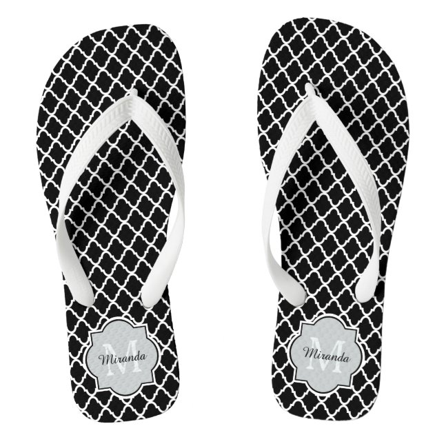 Modern Black and White Quatrefoil Monogrammed Name Flip Flops (Footbed)