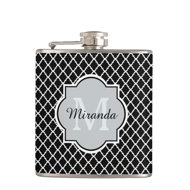 Modern Black and White Quatrefoil Monogrammed Name Hip Flask (Front)