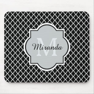 Modern Black and White Quatrefoil Monogrammed Name Mouse Mat