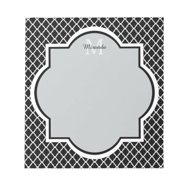 Modern Black and White Quatrefoil Monogrammed Name Notepad (Front)