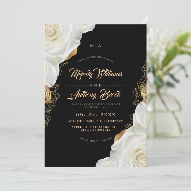 Modern Black  and White Rose Floral Wedding Invitation (Standing Front)