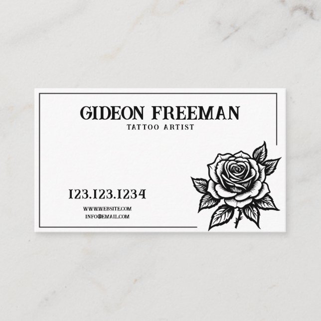 Modern Black and White Rose Tattoo Artist Business Card (Front)
