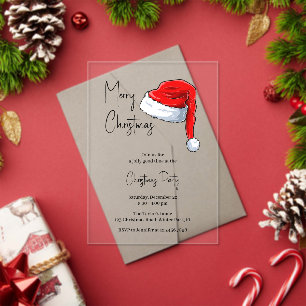 Modern Black and White Santa Hat Christmas Party Acrylic Invitations