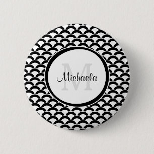 Modern Black and White Scallops Monogram and Name 6 Cm Round Badge