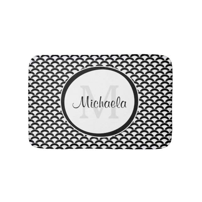 Modern Black and White Scallops Monogram and Name Bath Mat (Front)