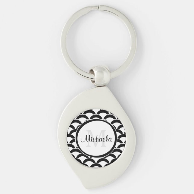 Modern Black and White Scallops Monogram and Name Key Ring (Front)