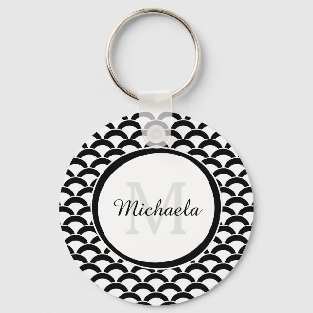 Modern Black and White Scallops Monogram and Name Key Ring (Front)