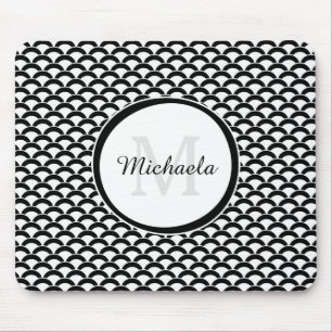 Modern Black and White Scallops Monogram and Name Mouse Mat