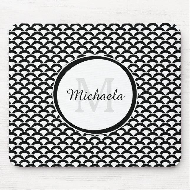 Modern Black and White Scallops Monogram and Name Mouse Mat (Front)
