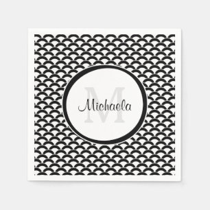 Modern Black and White Scallops Monogram and Name Napkin