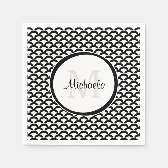 Modern Black and White Scallops Monogram and Name Napkin (Front)