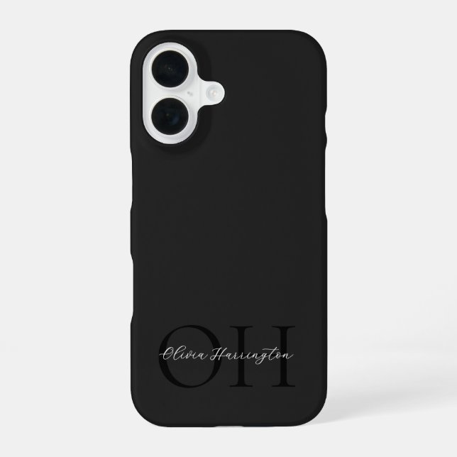Modern Black and White Script Classic Monogram iPhone 16 Case (Back)