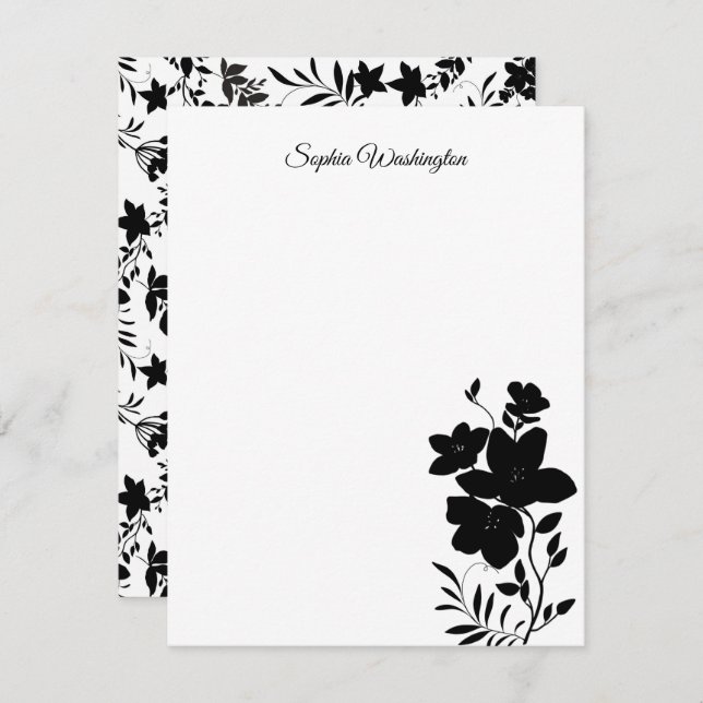 Modern Black and White Script Floral Blank Card (Front/Back)