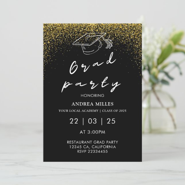 Modern Black And White Script Grad Party  Invitation (Standing Front)