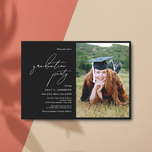 Modern Black and White Script Graduation Photo Invitation (Creator Uploaded)