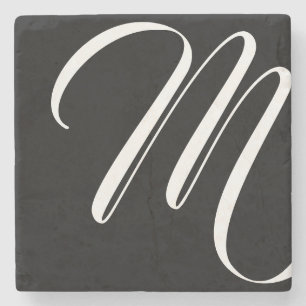 Modern Black And White Script Monogram Stone Coaster