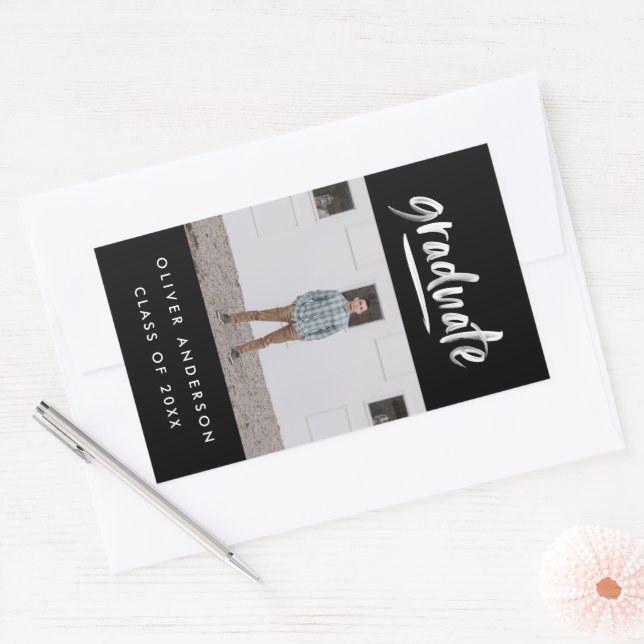 Modern black and white script photo graduation rectangular sticker (Envelope)