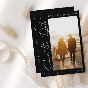 Modern Black and White Script Photo Wedding Save The Date