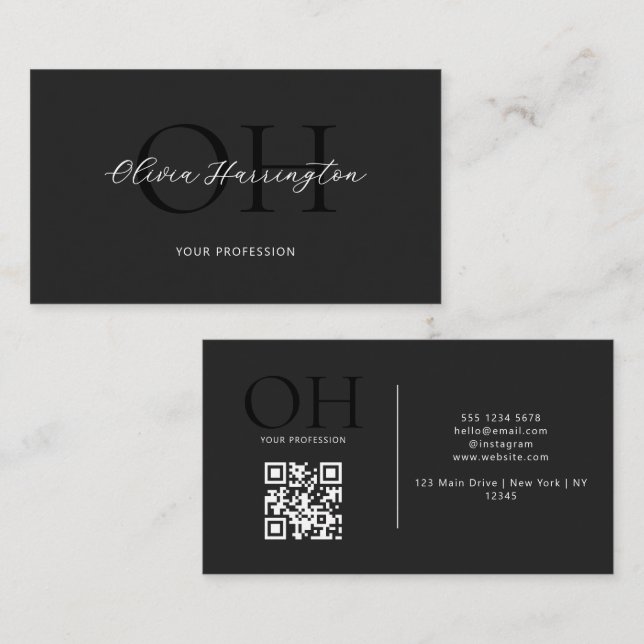 Modern Black and White Script QR Code Monogram Business Card (Front/Back)