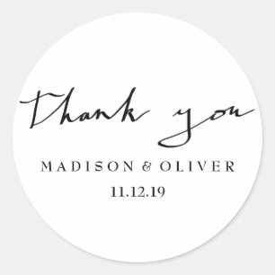 Modern Black And White Script Thank You Wedding Classic Round Sticker