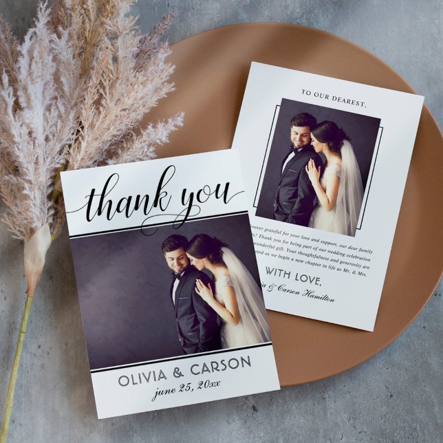 Modern Black and White Script Wedding Photo Thank You Card (Creator Uploaded)