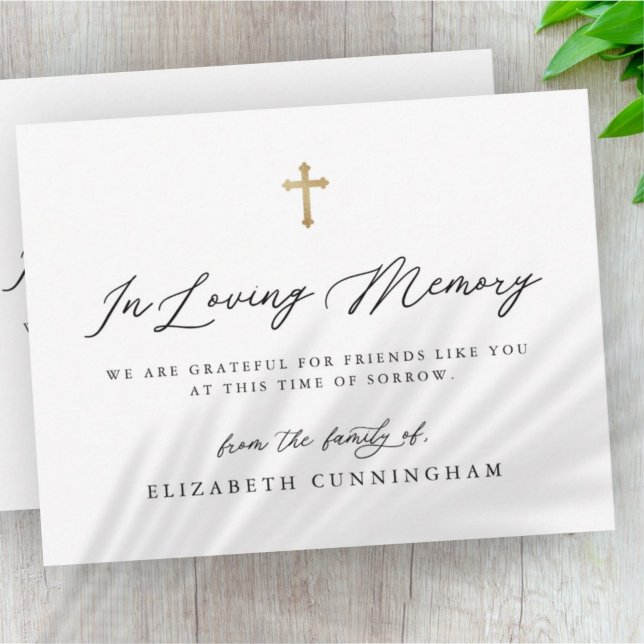 Modern Black and White Simple Faux Cross Memorial Thank You Card (Creator Uploaded)