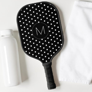 Modern Black and White Simple Monogram Polka Dot Pickleball Paddle