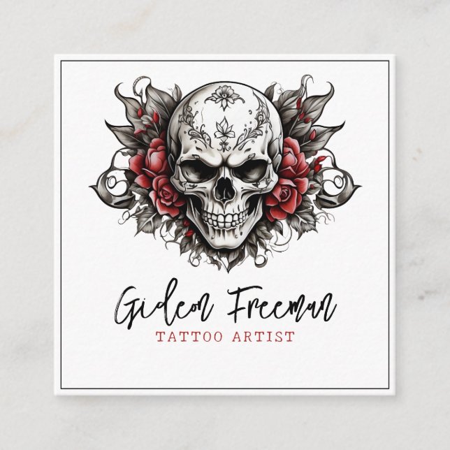 Modern Black and White Skull Roses Tattoo Artist Square Business Card (Front)