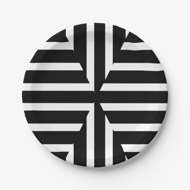Modern black and white solid stripes paper plate (Front)