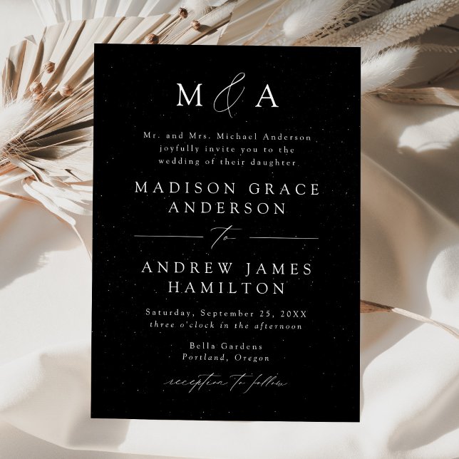 Modern Black and White Speckled Monogram Wedding Invitation (Creator Uploaded)