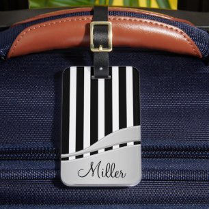 Modern Black and White Stripe Monogrammed Luggage Tag