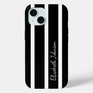 Modern Black and White Stripe Personalised iPhone 15 Case