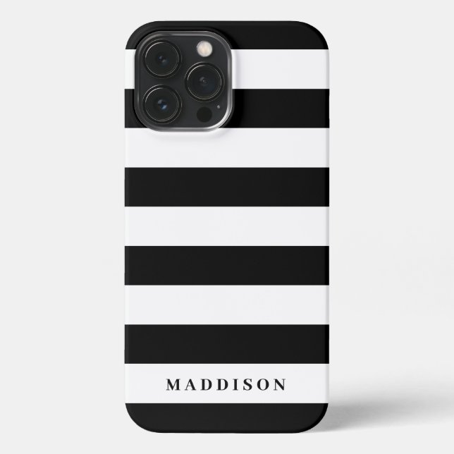 Modern Black and White Stripe Personalised iPhone Case (Back)