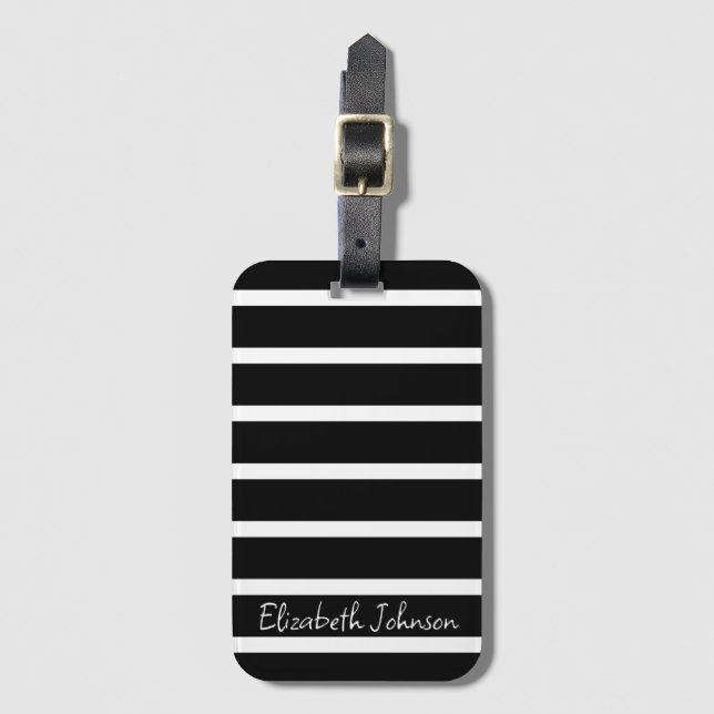 Modern Black and White Stripe Personalised Luggage Tag (Front Vertical)
