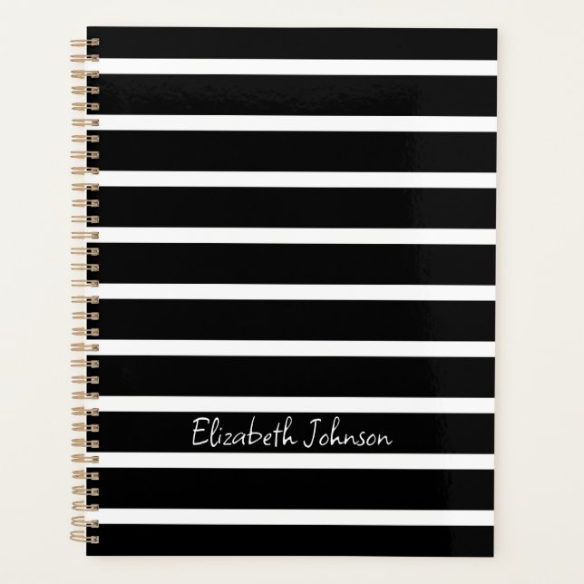 Modern Black and White Stripe Personalised Planner (Front)