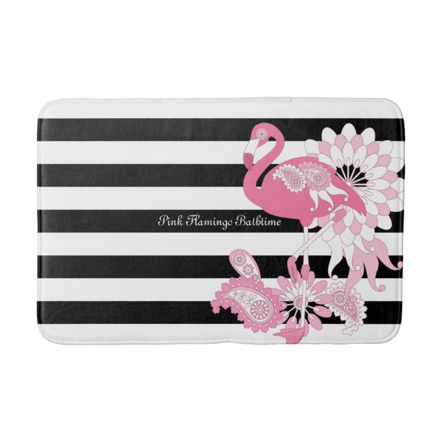 Modern Black and White Stripe Pink Flamingo Bath Mat (Front)
