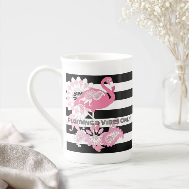 Modern Black and White Stripe Pink Flamingo Bone China Mug (Creator Uploaded)