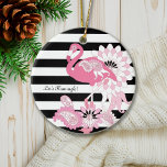 Modern Black and White Stripe Pink Flamingo Ceramic Tree Decoration<br><div class="desc">The product design features a flamingo with kaleidoscopic paisley patterns in shades of pink over black and white stripes background. This tropical bird design with personalised text makes a modern and unique ornament for Christmas,  her birthday,  or any other special occasions!</div>
