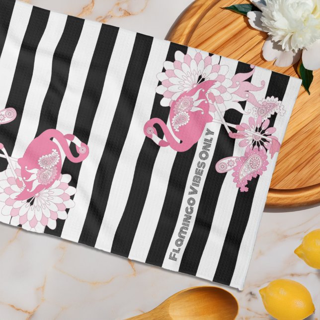 Modern Black and White Stripe Pink Flamingo Tea Towel (Creator Uploaded)