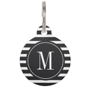 Modern Black and White Stripe with Monogram Pet Tag
