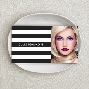 Modern Black and White Striped Black Salon Photo Business Card