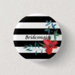 Modern Black and White Striped Bridesmaid Button<br><div class="desc">A red flower adorns this black and white bridesmaid button.</div>