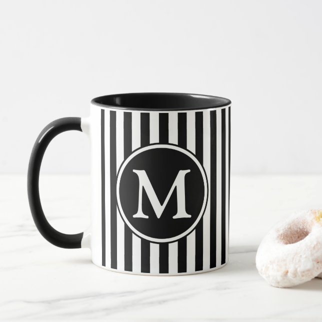 Modern Black And White Striped Monogram Mug (With Donut)