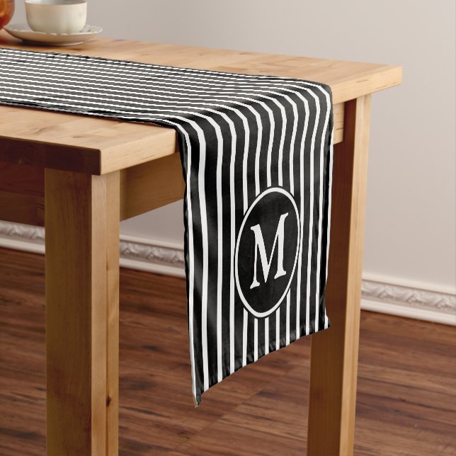 Modern Black And White Striped Monogram Short Table Runner (In Situ)